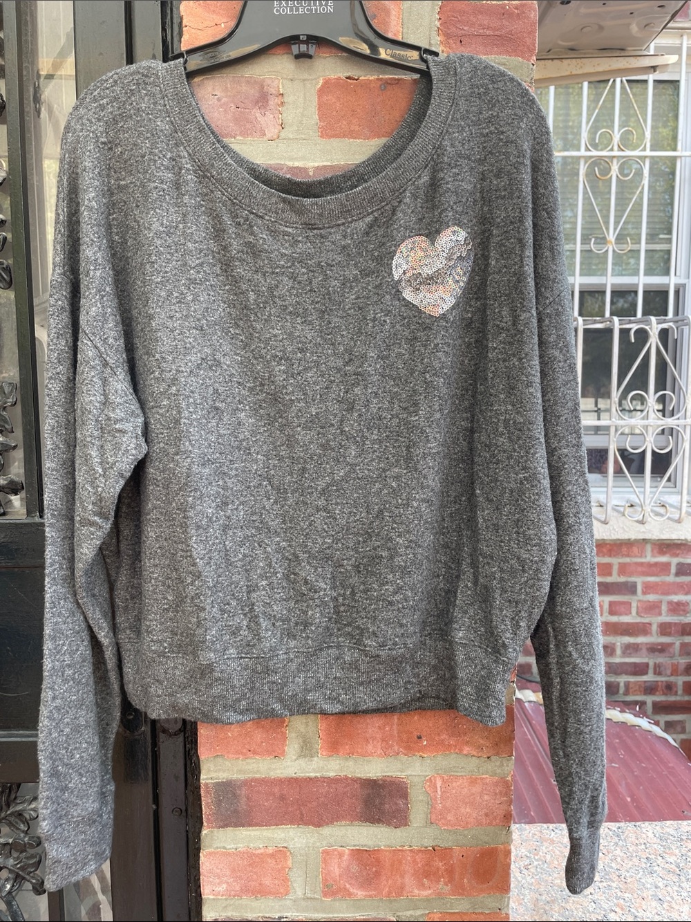 LIVE LOVE DREAM Gray Knit Crewneck Sweatshirt with Sequin Heart